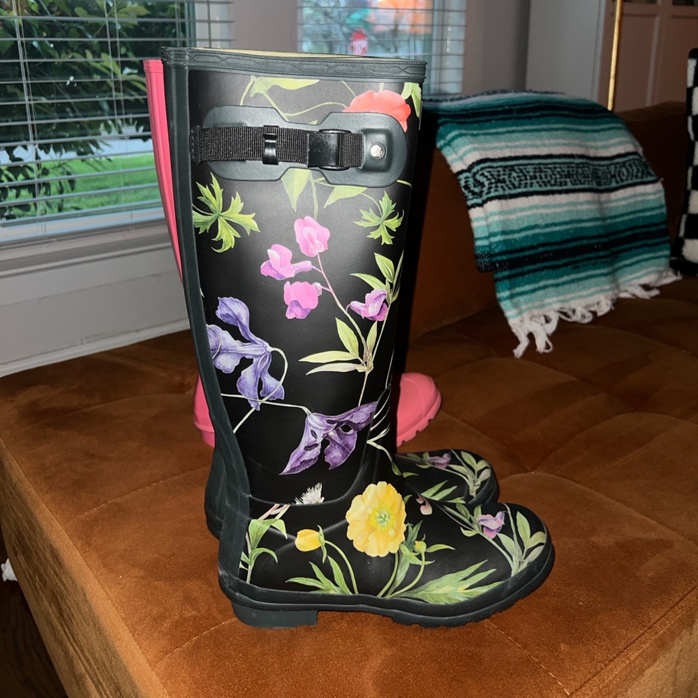 Hunter Brand Floral Black Rain Boots